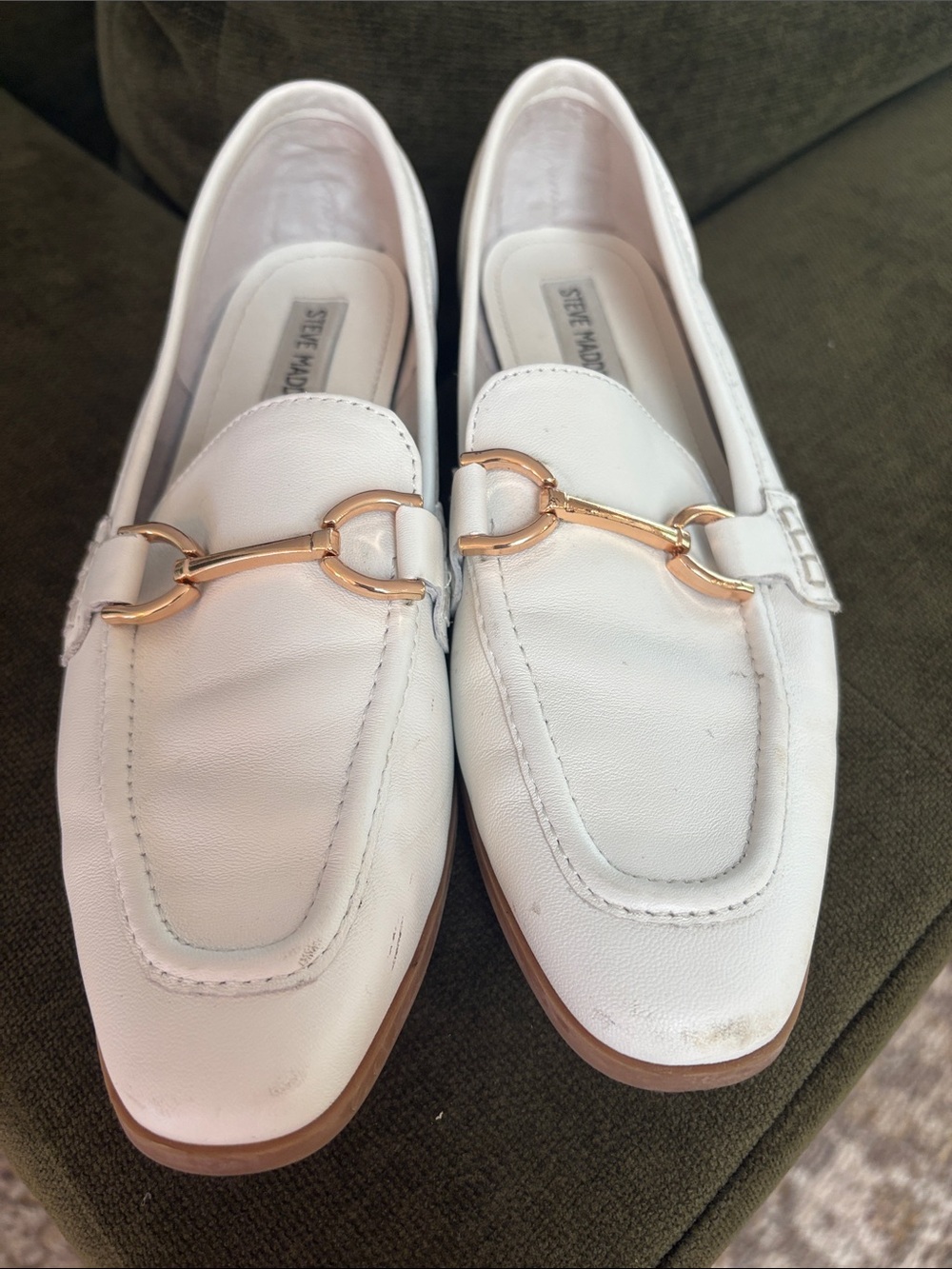 Steve Madden White Leather Loafers with Gold Horsebit Detail